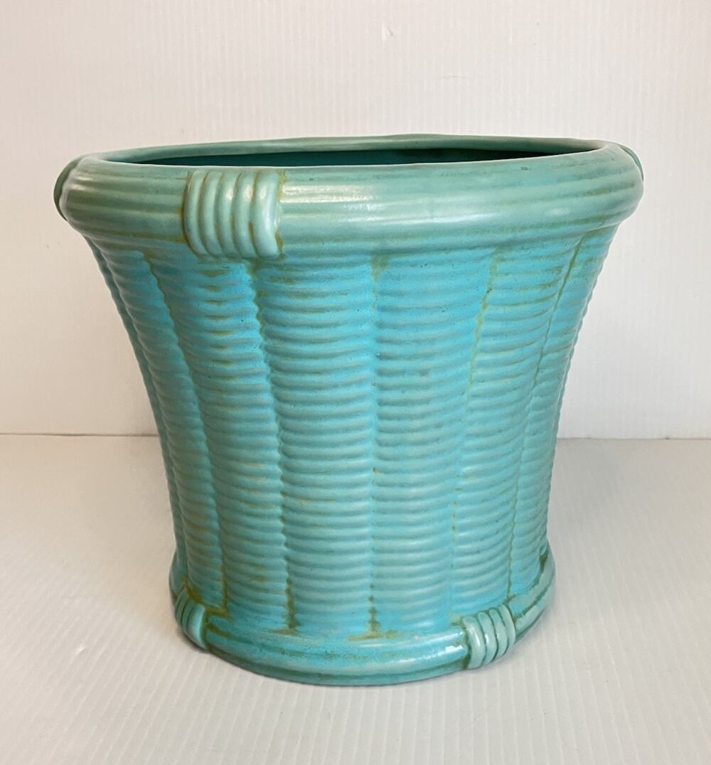 Vintage Ceramic Planter Pot Teal Green Basket Weave 10” Mid Century Jardiniere